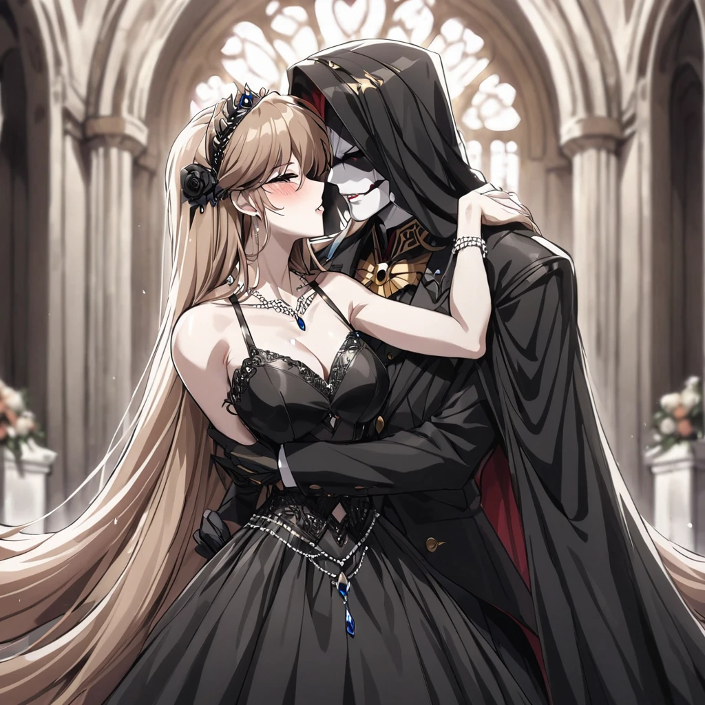 ((Highest quality)), ((masterpiece)), (detailed), （Perfect Face）、The woman is Princess Leona, with long light brown hair, and is wearing a lavishly jeweled, seductive black wedding dress and a black wedding veil, the epitome of an evil bride.、In a luxurious church wedding hall, a woman is getting married to a dignified and powerful middle-aged evil emperor dressed in a luxurious black outfit, embracing each other and kissing their vows.、The woman has long hair