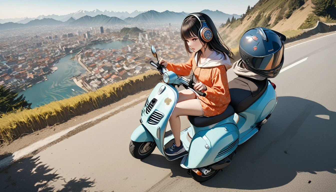(((8K, Masterpiece, high resolution, highest quality, highest quality real texture skin))), ((wearing Japanese pattern headphones)), (((1 girl))), (((Driving a Vespa))), ((sunglasses)), (Japanese pattern hoodie, super mini shorts), (Black shiny hair, beige skin), ((Japanese patterned helmet)), (surreal, digital painting)