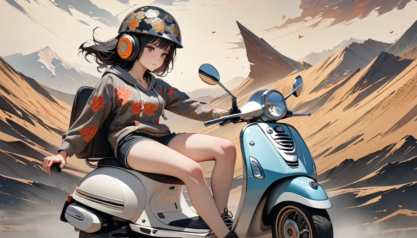 (((8K, Masterpiece, high resolution, highest quality, highest quality real texture skin))), ((wearing Japanese pattern headphones)), (((1 girl))), (((Driving a Vespa))), ((sunglasses)), (Japanese pattern hoodie, super mini shorts), (Black shiny hair, beige skin), ((Japanese patterned helmet)), (surreal, digital painting)
