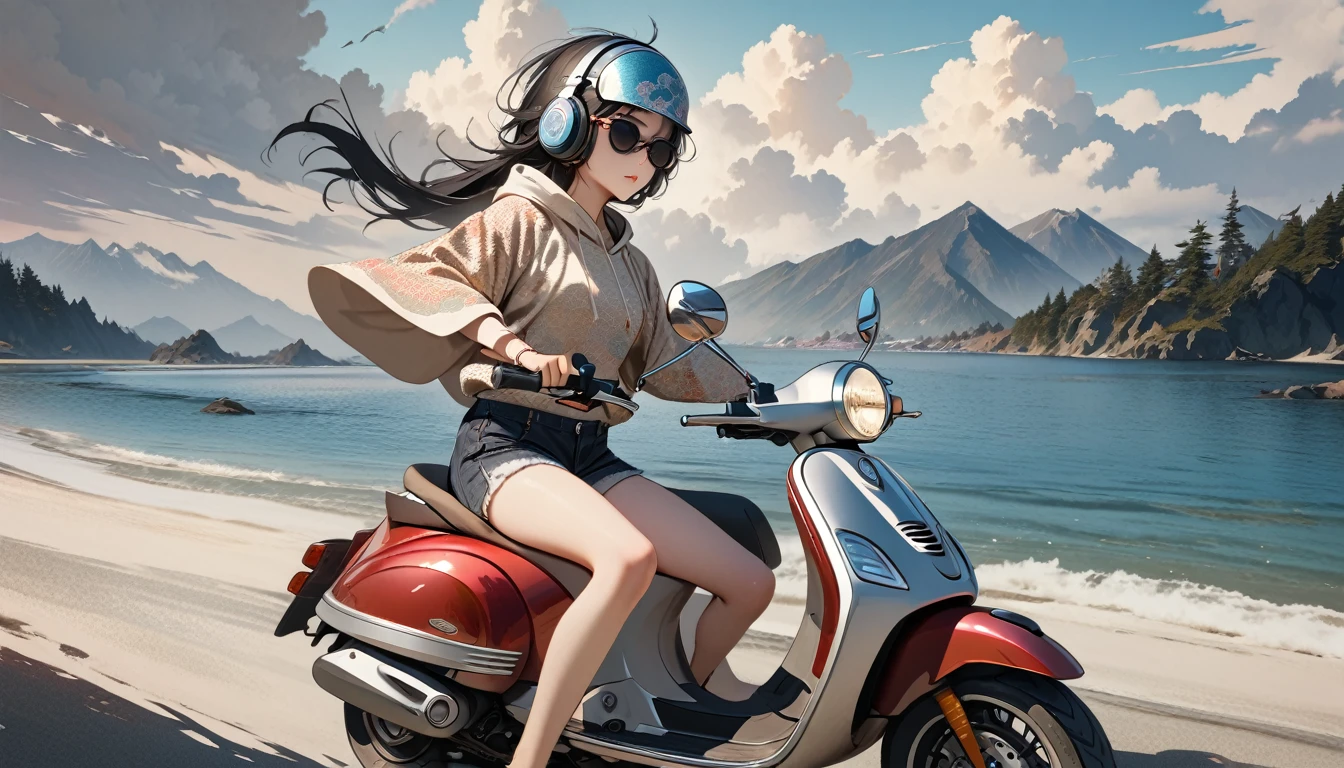 (((8K, Masterpiece, high resolution, highest quality, highest quality real texture skin))), ((wearing Japanese pattern headphones)), (((1 girl))), (((Driving a Vespa))), ((sunglasses)), (Japanese pattern hoodie, super mini shorts), (Black shiny hair, beige skin), ((Japanese patterned helmet)), (surreal, digital painting)