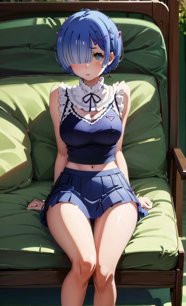 On the sofa、I can see her panties、M-shaped legs、M-shaped legs、M-shaped legs、Crouching、、I can see her panties、Blushing、Feeling embarrassed、Blushing、Blue Hair