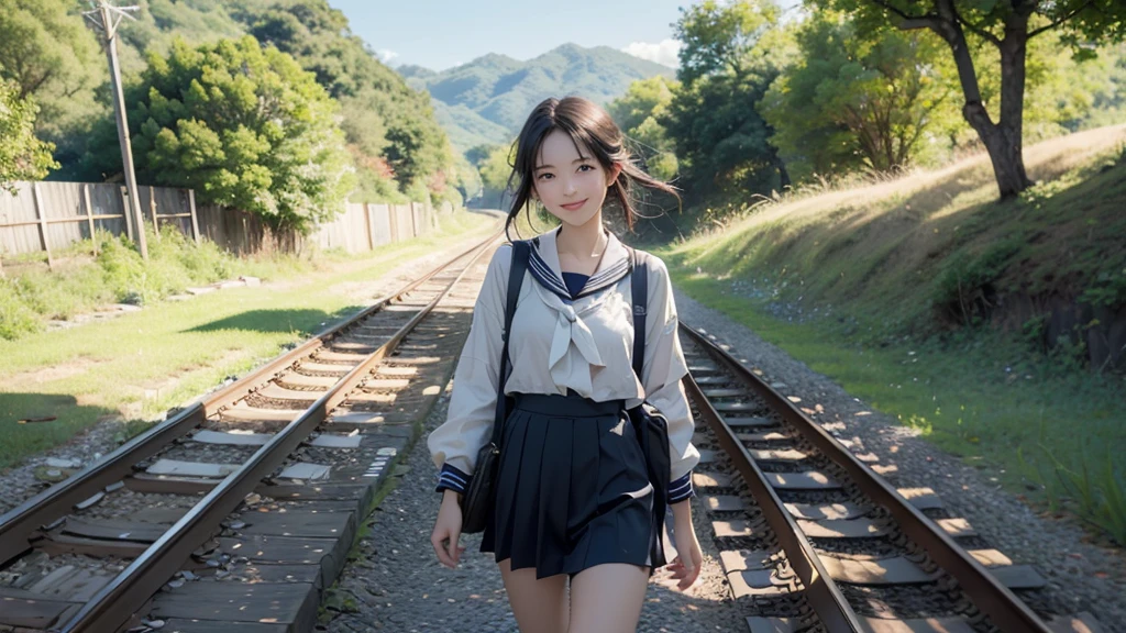 8K、RAW Photos、Highest quality、Super detailed、Super Resolution、Ultra HD、8K壁紙、Amazingly detailed rural landscape、The tracks continue、Walking along the tracks、(Sailor suit),smile、sun、School bag