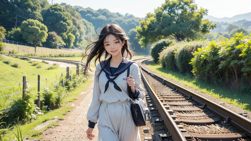 8K、RAW Photos、Highest quality、Super detailed、Super Resolution、Ultra HD、8K壁紙、Amazingly detailed rural landscape、The tracks continue、Walking along the tracks、(Sailor suit),smile、sun、School bag
