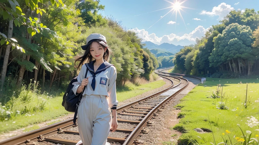 8K、RAW Photos、Highest quality、Super detailed、Super Resolution、Ultra HD、8K壁紙、Amazingly detailed rural landscape、The tracks continue、Walking along the tracks、(Sailor suit),smile、sun、School bag