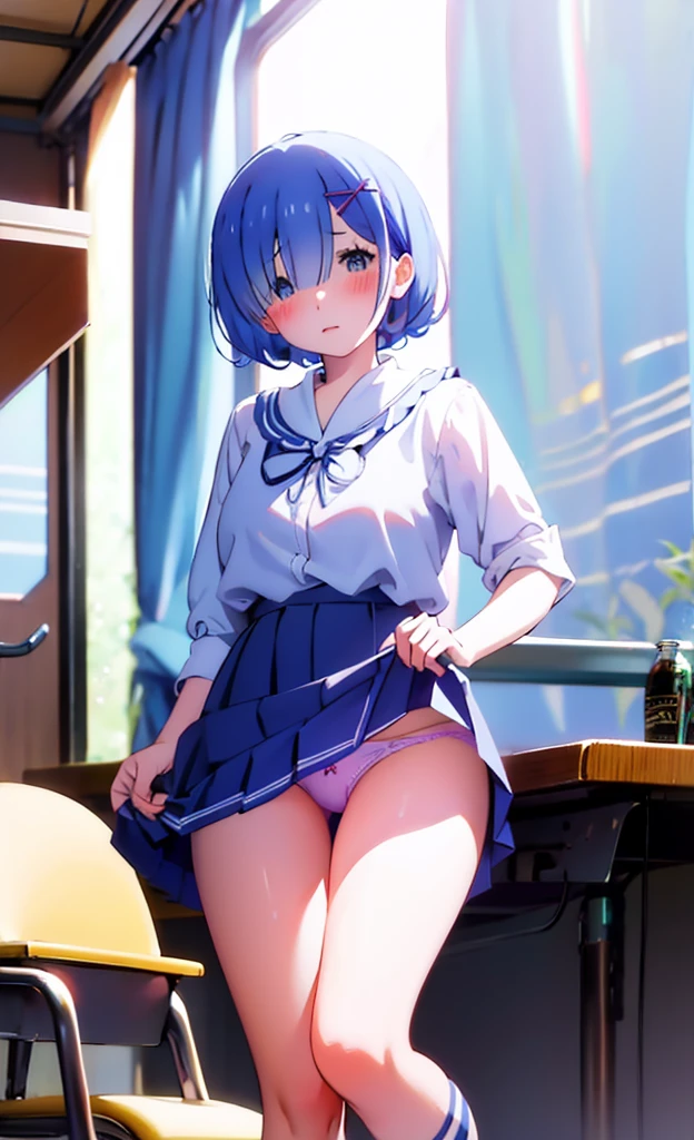 、Backwards、Lift up your skirt、School classroom、Get on all fours on the desk、、Showing panties、Blushing、I can see her panties、Pull up your skirt、Blushing、Blue Hair