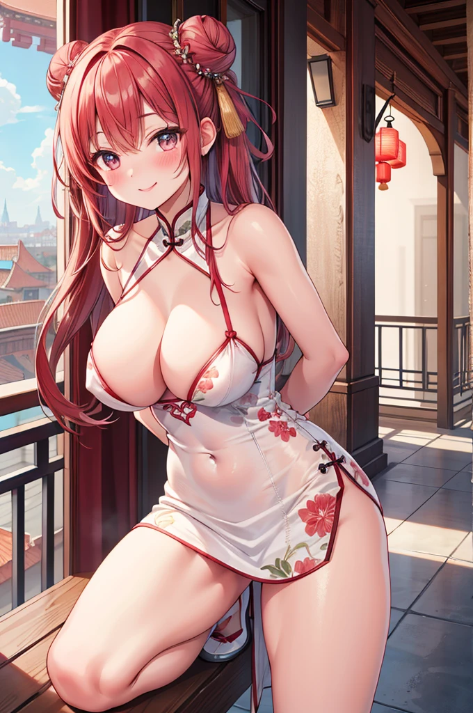 masterpiece, Highest quality, High Resolution, HS1,blush,smile,NSFW、Balcony、Big Breasts、China dress、Bun Hair、Hands behind back