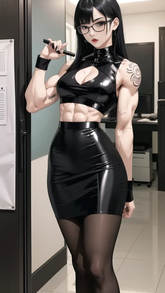 Boy, Korean, male body, adult, tattoo, lipstick, gothic, girl face, serious face, glasses, black hair (long with bangs),perfect body, fit body, thin waist, office, muscular, small female chest, black pencil skirt, dominatrix, top, pantyhose, pretuberance, sissy, femboy, big ass