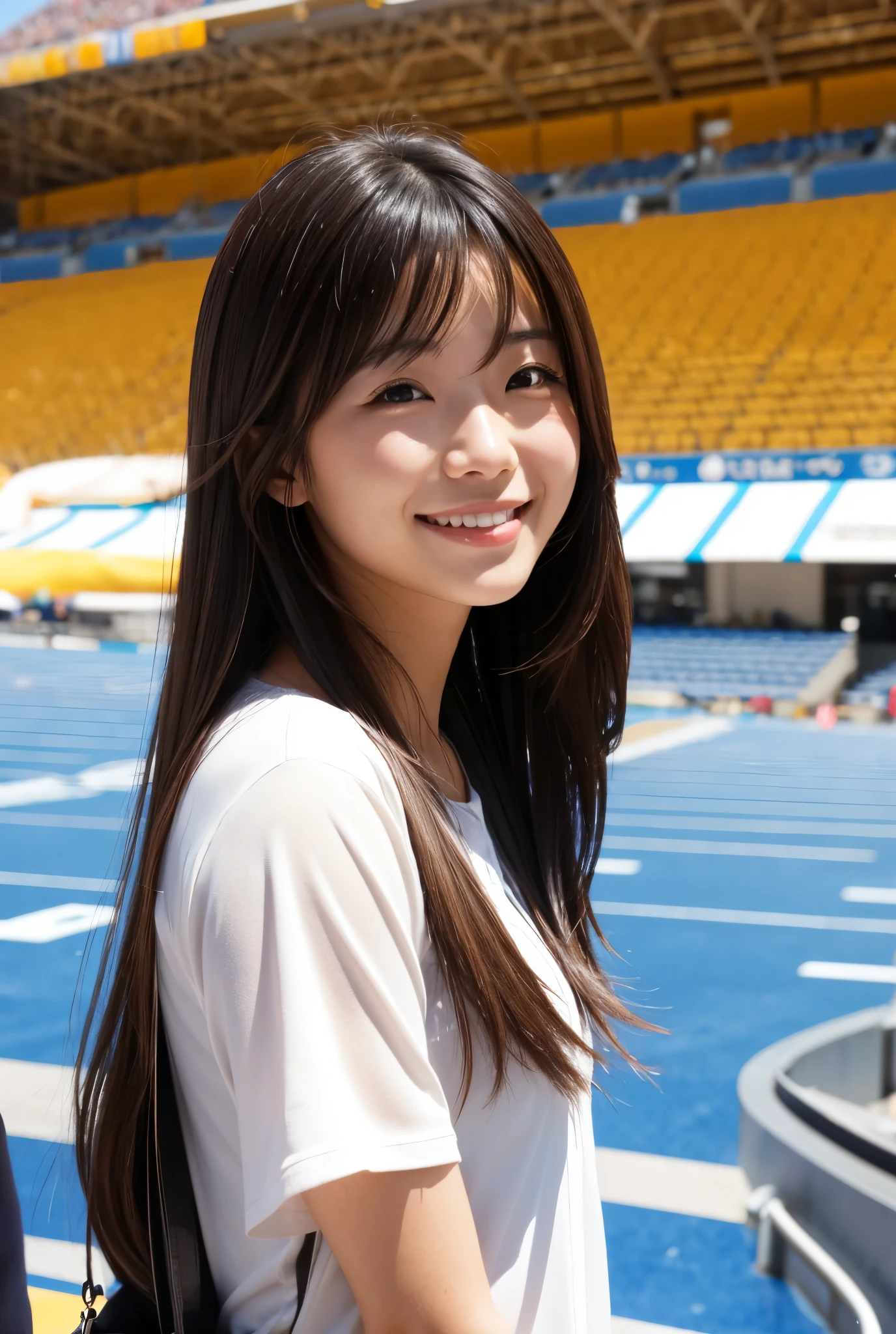 Under the shining sun　A Japanese woman with long hair and a big smile　Dome Stadium