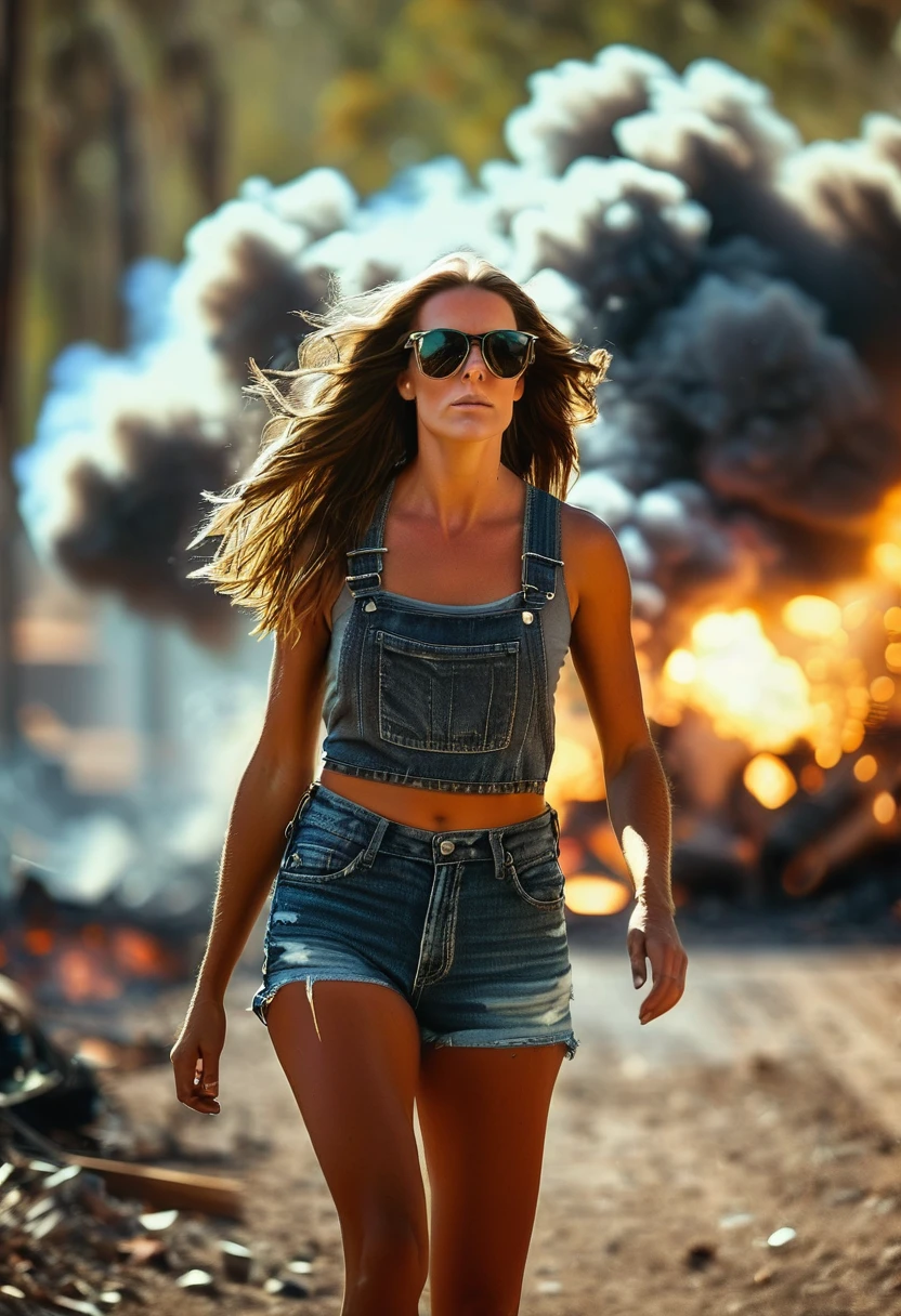 beautiful woman, long brunette hair, walking toward the viewer, huge explosion in the background, debris flying everywhere, tank top, sunglasses, jeans, fire, smoke, shallow depth of field, vignette, highly detailed, high budget, bokeh, cinemascope, moody, epic, gorgeous, film grain, grainy