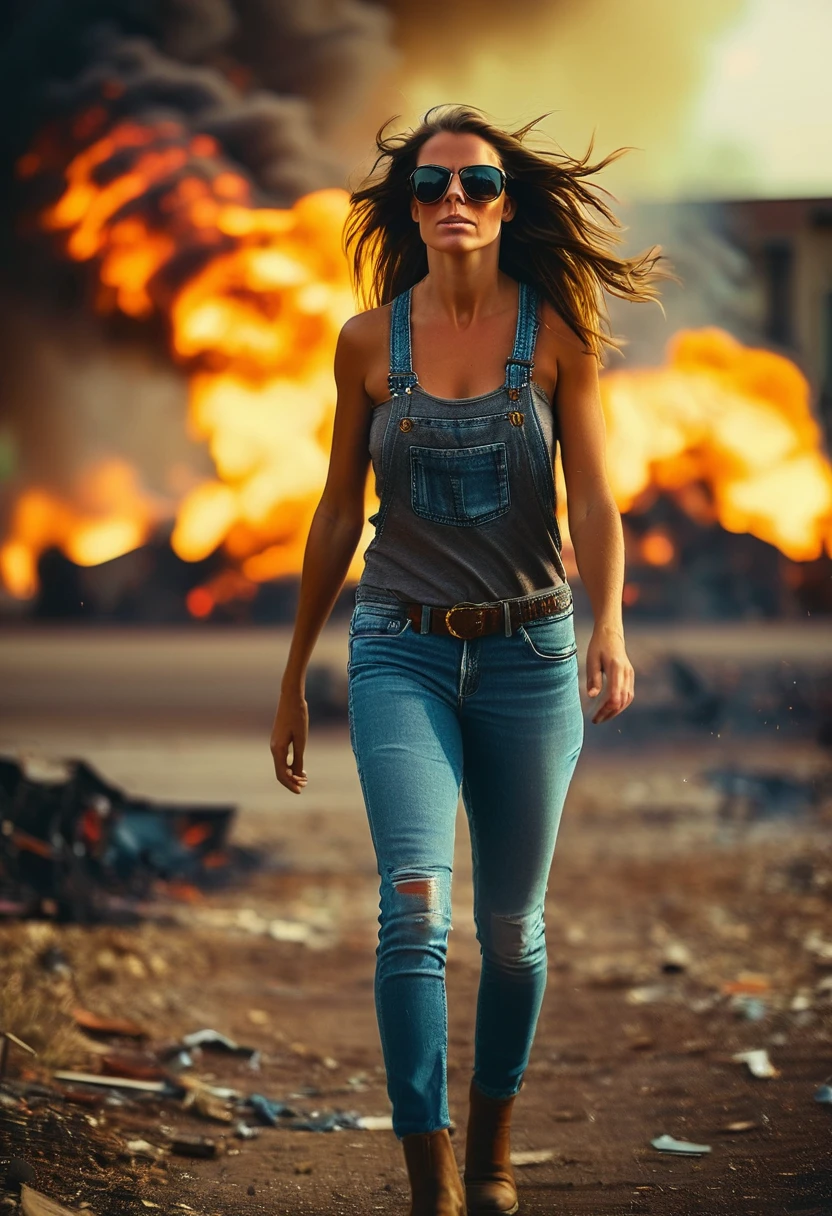 beautiful woman, long brunette hair, walking toward the viewer, huge explosion in the background, debris flying everywhere, tank top, sunglasses, jeans, fire, smoke, shallow depth of field, vignette, highly detailed, high budget, bokeh, cinemascope, moody, epic, gorgeous, film grain, grainy