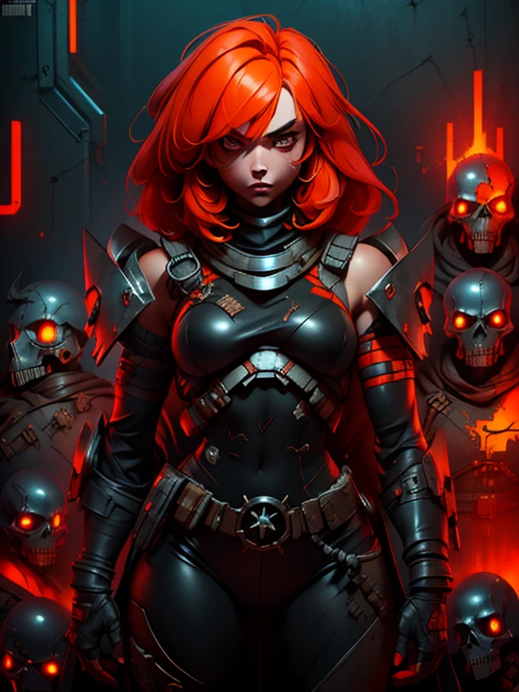 A highly detailed and realistic skull girl,( Anya. Taylor Joy) cyberpunk character, mad max furiosa, one hand robot, cyborg arm, orange hair, dramatic metal heavy rock theme, best quality, 8k, hyperrealistic, photorealistic, extreme detailed painting, studio lighting, vivid colors, dark moody atmosphere, cinematic, dramatic pose, intricate mechanical details, glowing energy effects, intense gritty textures, seamless integration of organic and inorganic elements. Wearing the used clothes of a wastelander. Background: An apocalyptic wasteland. Dusty and depressing.