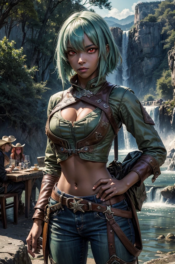 emeraldsustrai, emerald sustrai, short hair, (red eyes:1.5), (green hair), dark skin, dark-skinned female, navel, cleavage, midriff, belt, cleavage cutout, chaps, hands on hips, outdoors, wedding, lavish wedding reception, on hill, overlooking valley, mountains in background, waterfall, tables, crowd, (crowd in military dress), (volumetric lighting),  intricate details, tonemapping, sharp focus, hyper detailed, (cowboy shot:1.5), BREAK (masterpiece:1.2), best quality, high resolution, unity 8k wallpaper, (illustration:0.8), (beautiful detailed eyes:1.6), extremely detailed face, perfect lighting, extremely detailed CG, (perfect hands, perfect anatomy),