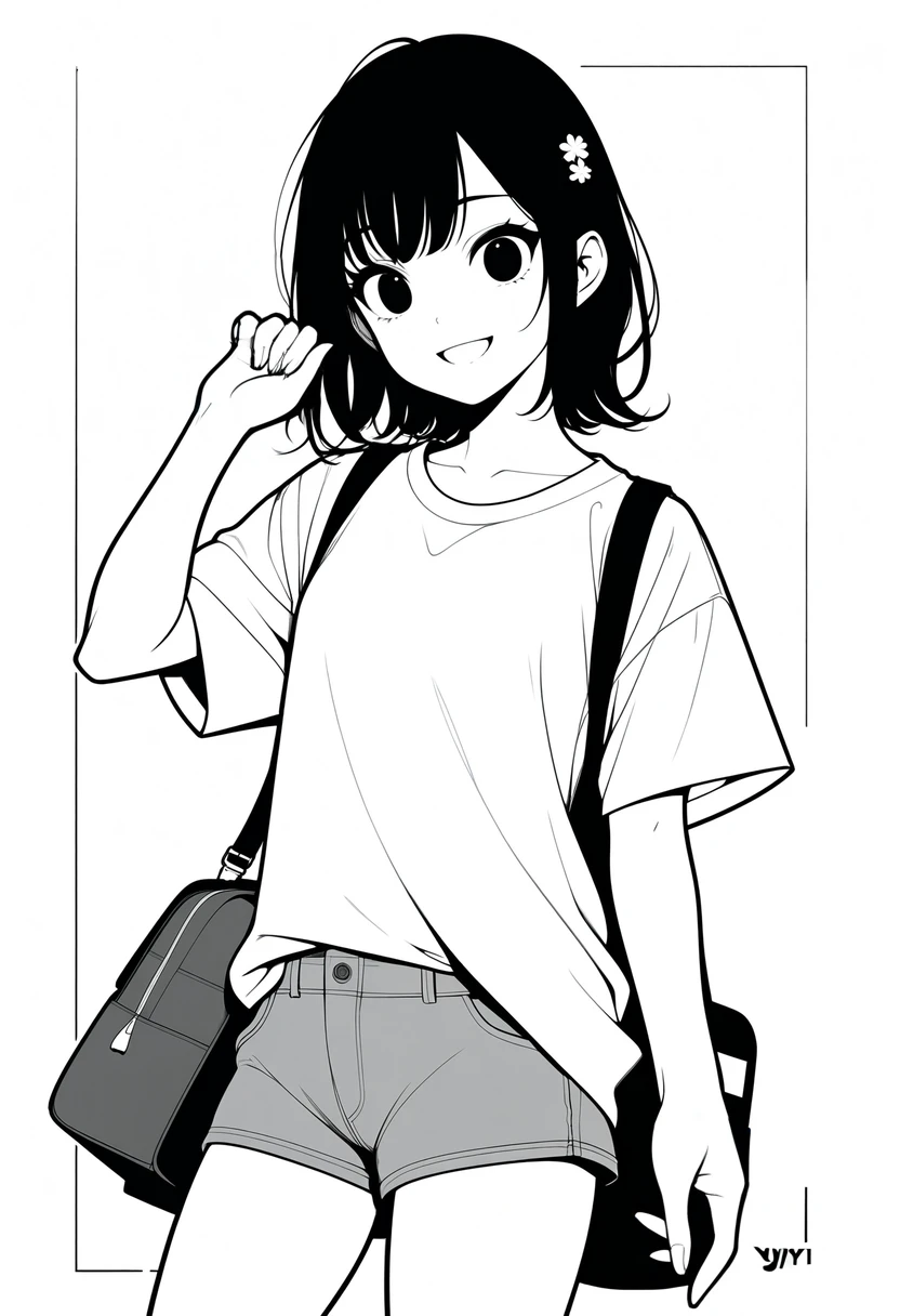 masterpiece, best quality, 1girl, jyt:4, grayscale, style: manga, japanese, chi no wadachi, black eyes, street, iced, black hair, schoolbag, smile, lineart, white background, white shirt, grey shorts, medium shot