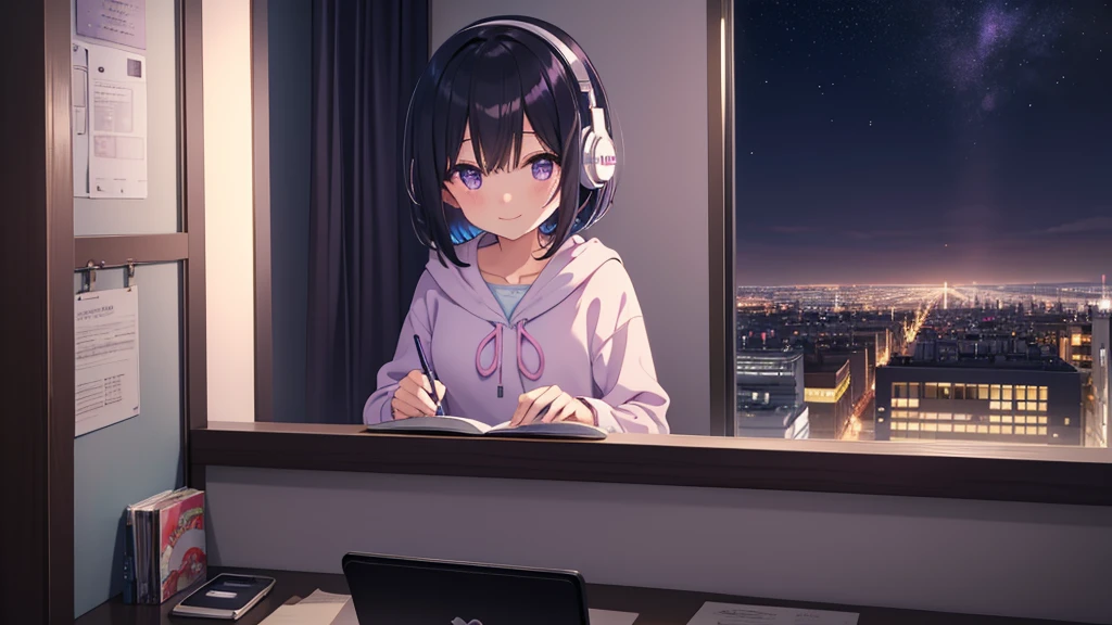 Masterpiece、pastel colour、landscape、alone、Lonely、A cute girl studying alone in her room、Black Hair、Bob Hair、Eyes are purple、Droopy eyes、dream-like、Wearing headphones、Late Night、City night view、Happy、smile、super high quality、darkness、Beautiful light、Lo-Fi
