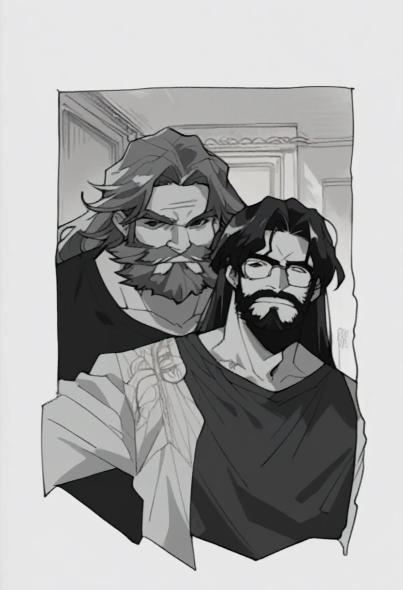 There is just a man with long hair and glasses posing for a photo, with long, curly hair, longos blackquality hair ondulados e óculos, long beard, long beard, blackquality hair, black beard, band shirt, young man
