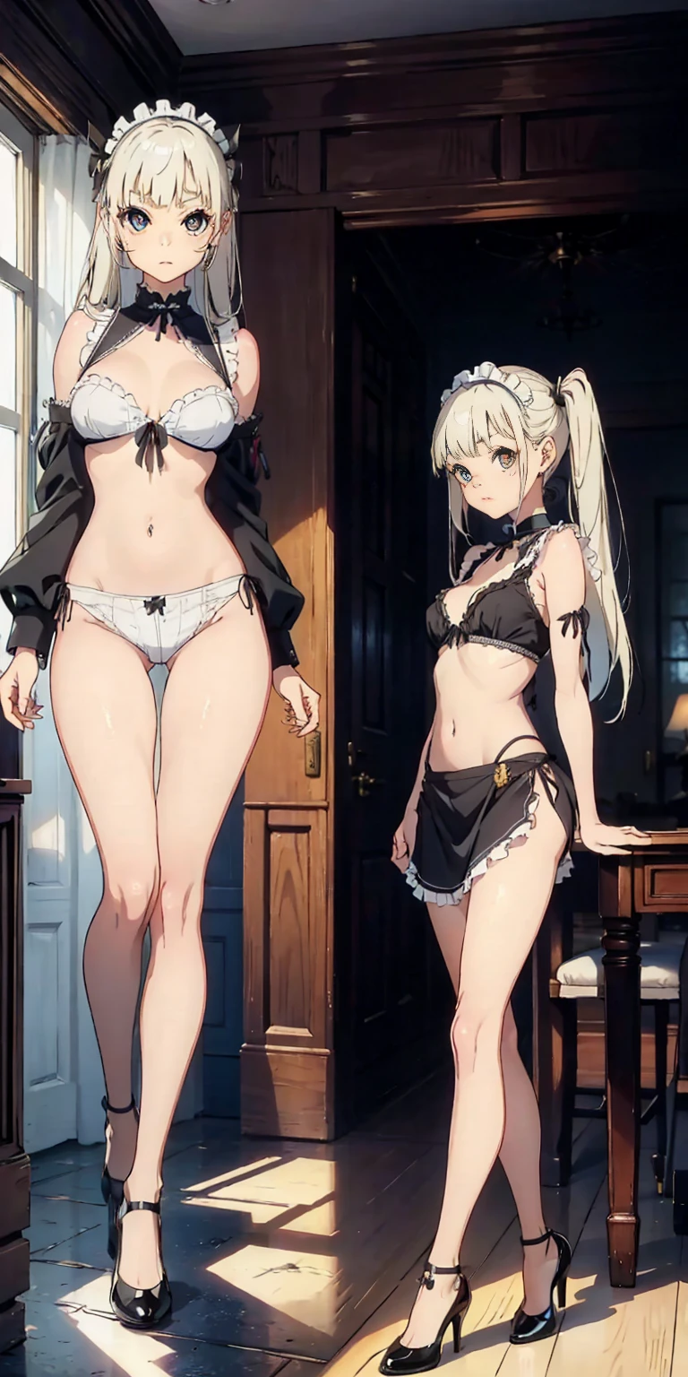 The body is slim、Masterpiece、Highest quality、Highest quality, (long and thin legs, shoes:1.2), Arm behind wrist, Standing posture、1 girl, Ahegao, Cute eyes, (Detailed face:1.3)、black eye, Open your mouth, The whole face turns red, alone, Big and ample breasts, (Straight bangs, Twin tails), White maid outfit、Side bust、Underbust、belly button、Walking through the mansion'corridor