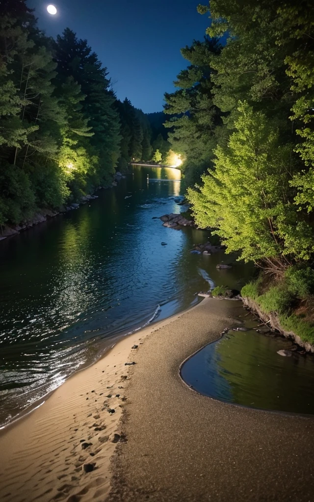 River at night in the middle of the forest. On the shore a little sand