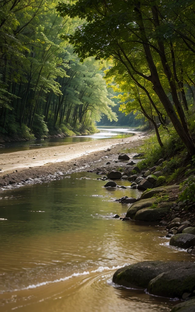 River at night in the middle of the forest. On the shore a little sand