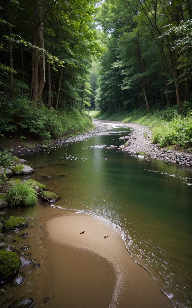 River at night in the middle of the forest. On the shore a little sand