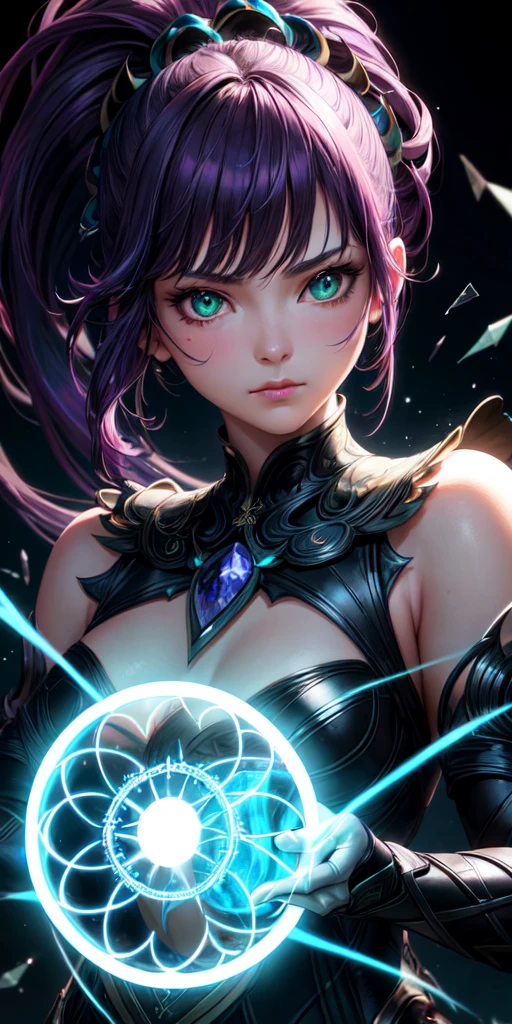 (masterpiece, best quality, ultra-detailed, best shadow), (detailed background,dark fantasy), (beautiful detailed face), high contrast, (best illumination, an extremely delicate and beautiful), ((cinematic light)), colorful, hyper detail, dramatic light, intricate details, (1girl, solo,purple hair, sharp face,green eyes, hair between eyes,dynamic angle,ponytail), dragon, swirling black light around the character, depth of field,black light particles,(broken glass),magic circle,