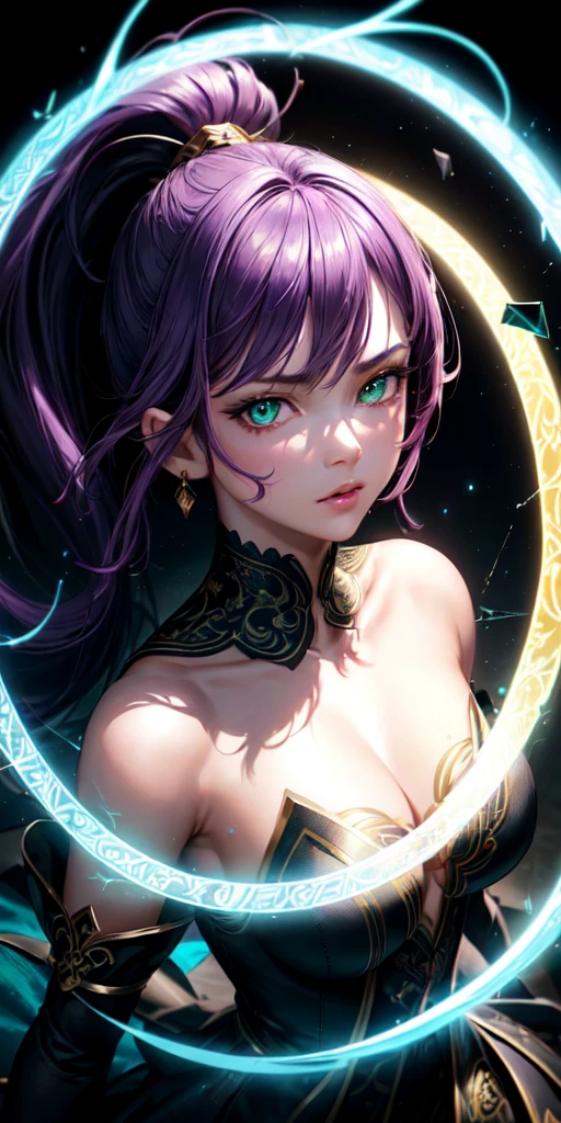 (masterpiece, best quality, ultra-detailed, best shadow), (detailed background,dark fantasy), (beautiful detailed face), high contrast, (best illumination, an extremely delicate and beautiful), ((cinematic light)), colorful, hyper detail, dramatic light, intricate details, (1girl, solo,purple hair, sharp face,green eyes, hair between eyes,dynamic angle,ponytail), dragon,  swirling black light around the character, depth of field,black light particles,(broken glass),magic circle,