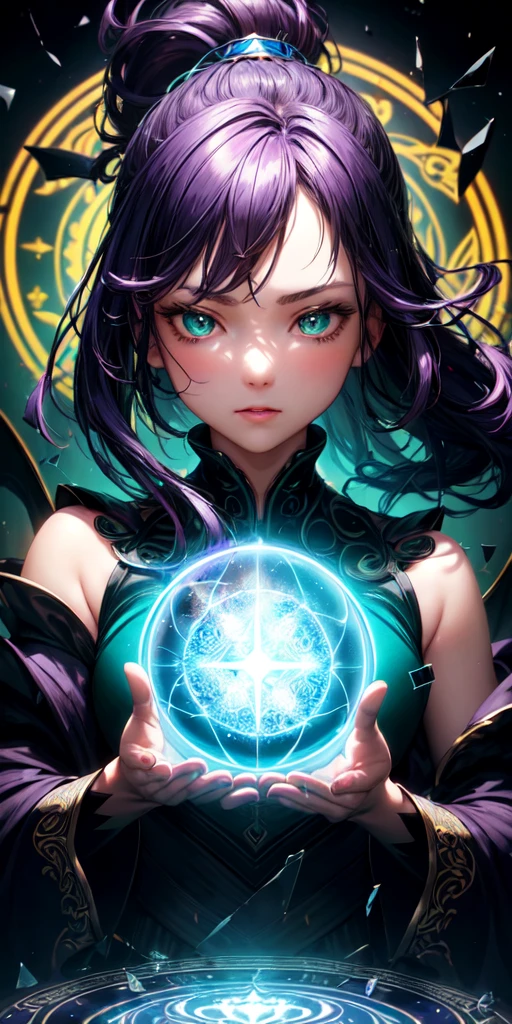 (masterpiece, best quality, ultra-detailed, best shadow), (detailed background,dark fantasy), (beautiful detailed face), high contrast, (best illumination, an extremely delicate and beautiful), ((cinematic light)), colorful, hyper detail, dramatic light, intricate details, (1girl, solo,purple hair, sharp face,green eyes, hair between eyes,dynamic angle,ponytail), dragon, swirling black light around the character, depth of field,black light particles,(broken glass),magic circle,