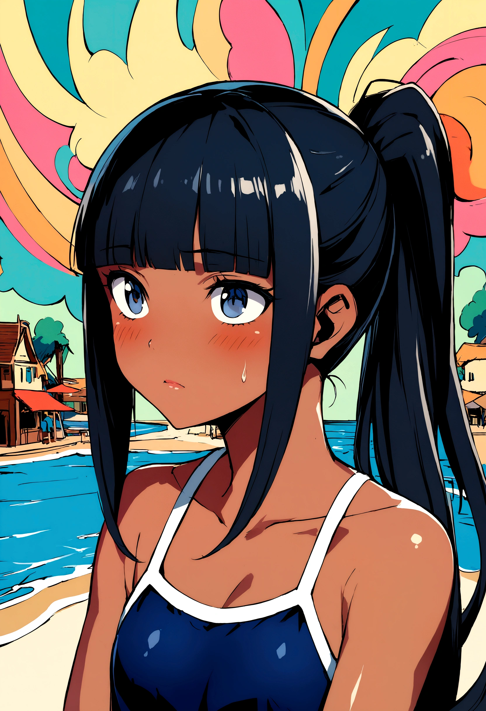 Ponytail1 person、beach、School swimsuit、Sunburn、Tan Skin、Embarrassed、1 girl、Navy blue school swimwear、blunt bangs、Black Hair、super fine illustration,(((beautiful fine hair))),(((beautiful fine face))),(((beautiful fine background))),Midsummer、beachBlack Hair、blunt bangs、Cross-eyed