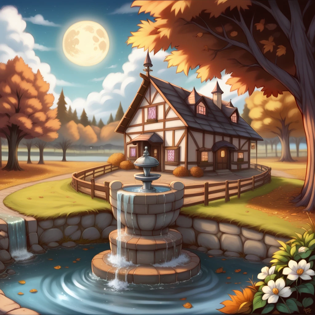 masterpiece, best quality, high quality, extremely detailed CG 8k wallpaper unit, scenery, outdoor, establishment, medieval tavern, autumn sky, autumn dusk, autumn-winter, overcast sky, big moon shining, award-winning photography, Depth of Field, HDR, flowers, water fountain, hydrangea, Photorealistic, extremely detailed, intricate, high detail, dramatic, art in the middle of the journey, trend in artstation, trend in CGsociety, chromatic aberration.