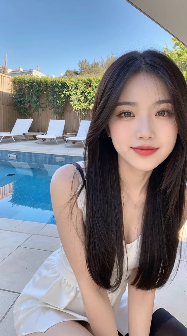 (top quality, 8K, masterpiece:1.3)), A beautiful girl，Pure，Oval face，Gentle and cute，sweet smile，Pure，weight loss，(street)，looking directly at camera，black stockings, inner strength, formal，Long black silk, layered long hair，Long hair draped over shoulders，What's the big deal, round, black eyes，Clear big eyes，Moisturizing red lips，Sweet，Sitting by the pool，blue sky白云，blue sky，Standing