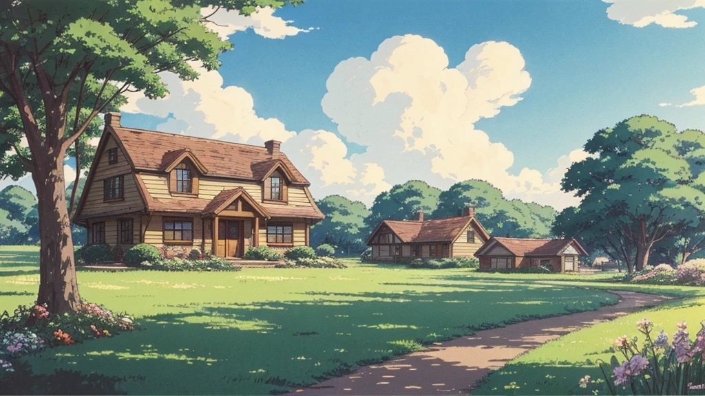 there is a picture of a painting of a house in the country, concept art by Studio Ghibli's animated films, featured on pixiv, process art, lofi hip hop, lofi artstyle, chillhop, lofi art, lofi, lofi colors, lofi feel, lofi vibe, lofi vibes, anime countryside landscape, lofi girl
