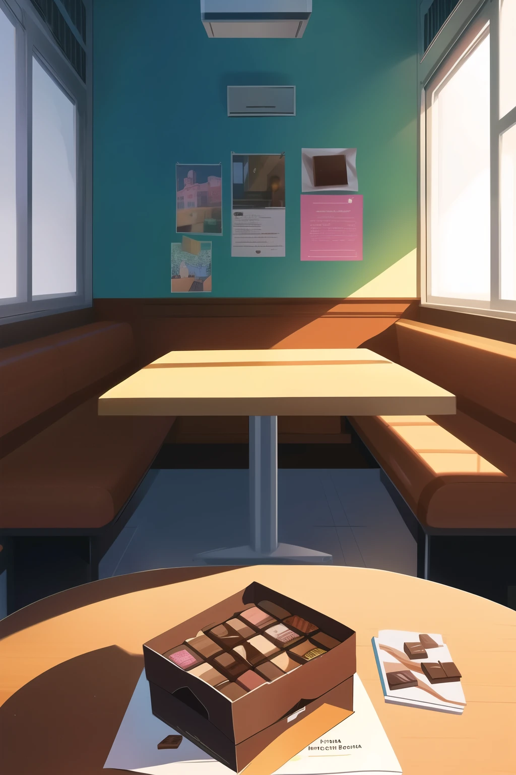 Give a me poster of a empty college canteen in background where only the Indian boy seating in a table and having a chocolate box in his hand , without face reveal in illustration