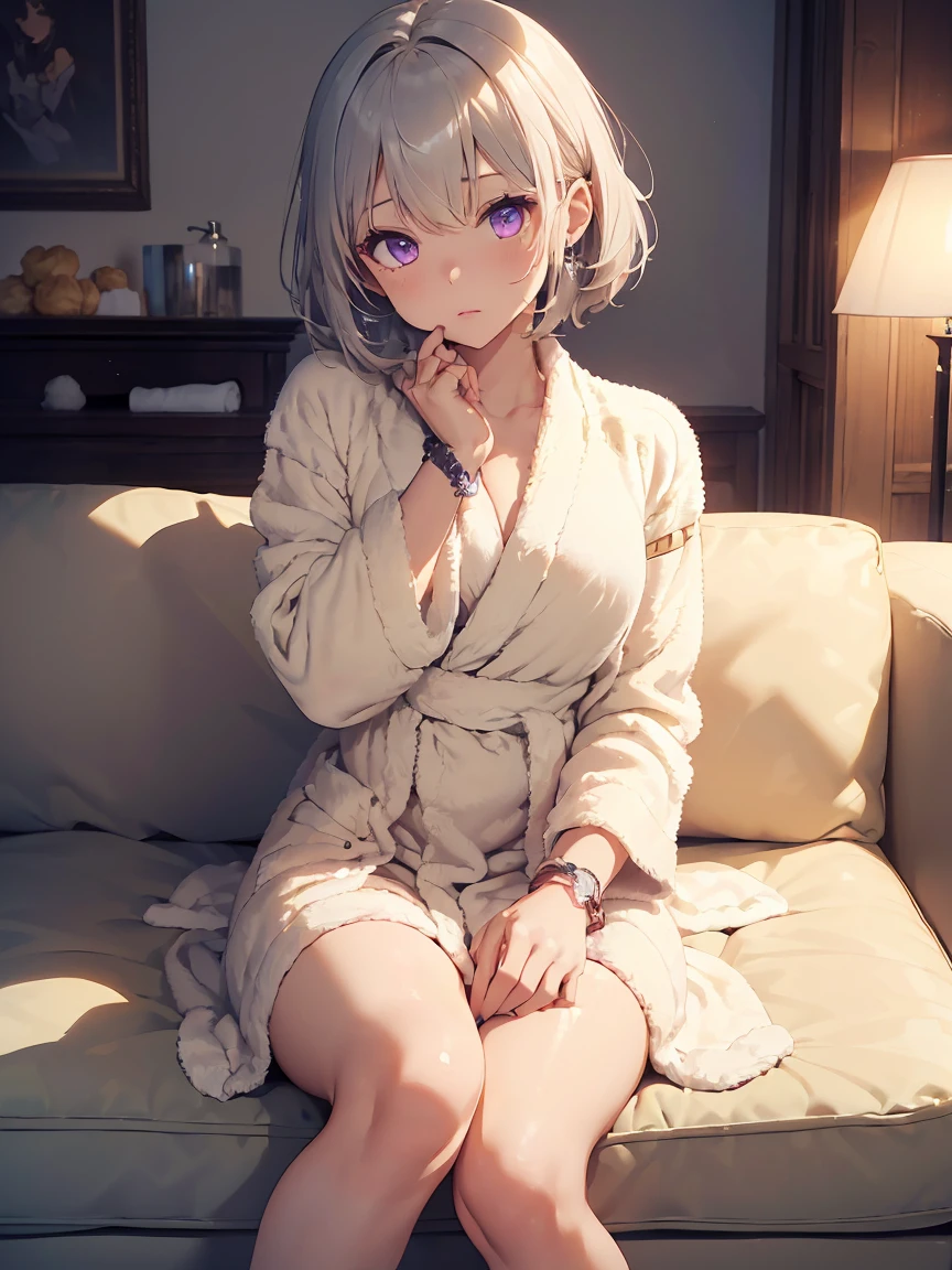 masterpiece,Highest quality,Super detailed,Highly detailed CG,High resolution,Highly detailed skin,Perfect Anatomy,Trick him?Fantastic details,Cowboy Shot,Purple eyes,lipstick,eyeliner,eye shadow,thin,Shiny skin,Medium chest,Bobcut,Silver Hair,Shiny Hair,(sleepy:1.4),(Bathrobes:1.5),(bracelet:1.4),(Crossing your legs:1.4),(Hands close to the face:1.5),(Cleavage:0.4),(living room:1.4),(cream puff:1.5),(Rose:1.3),(On the sofa:1.4)、holding cream puff in hand