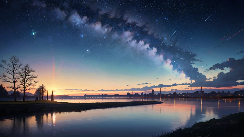 High quality masterpiece ，landscape，Animated train passing through water on the tracks， Starry Sky。Romantic Train，Pixiv，Concept Art，Lofi Artスタイル，Reflective plate。 by Makoto Shinkai, Lofi Art, Beautiful anime scene, アニメのlandscape, 詳細なlandscape —幅672, in Makoto Shinkai&#39;s Style, Makoto Shinkai&#39;s Style，Detail enhancements。