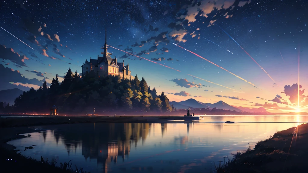High quality masterpiece ，landscape，Animated train passing through water on the tracks， Starry Sky。Romantic Train，Pixiv，Concept Art，Lofi Artスタイル，Reflective plate。 by Makoto Shinkai, Lofi Art, Beautiful anime scene, アニメのlandscape, 詳細なlandscape —幅672, in Makoto Shinkai&#39;s Style, Makoto Shinkai&#39;s Style，Detail enhancements。