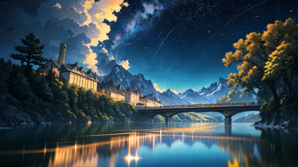 High quality masterpiece ,landscape,Animated train passing through water on the tracks, Starry Sky。Romantic Train,Pixiv,Concept Art,Lofi Artスタイル,Reflective plate。 by Makoto Shinkai, Lofi Art, Beautiful anime scene, アニメのlandscape, 詳細なlandscape —幅672, in Makoto Shinkai's Style, Makoto Shinkai's Style,Detail enhancements。
