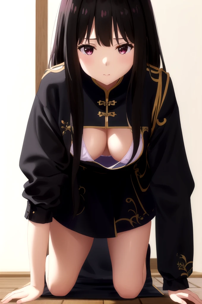 China dress、、、I can see her 、I can see the valley、China dress、Black Hair、Leaning forward、、Blushing、、A look of contempt