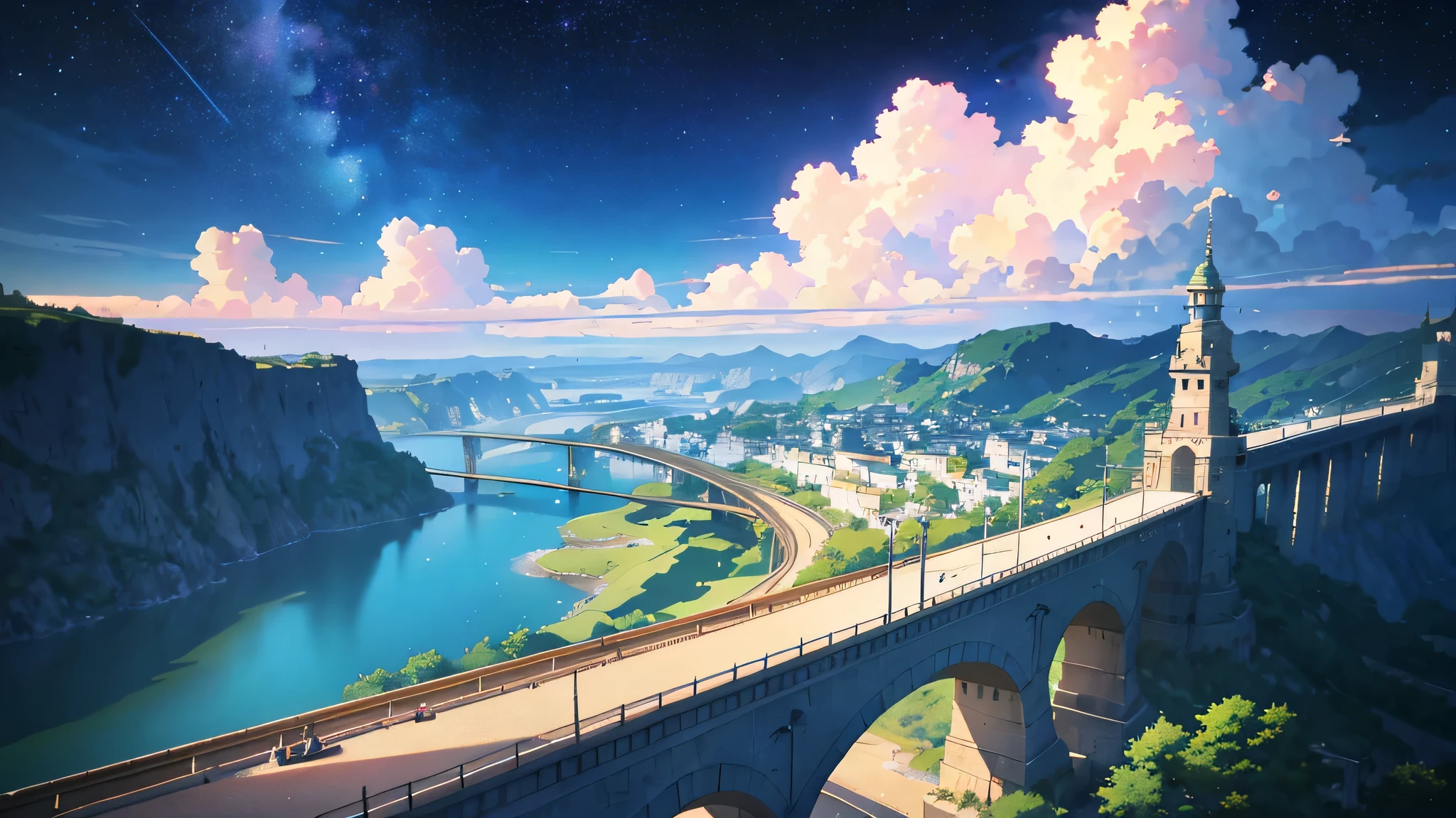 High quality masterpiece ,landscape,Animated train passing through water on the tracks, Starry Sky。Romantic Train,Pixiv,Concept Art,Lofi Artスタイル,Reflective plate。 by Makoto Shinkai, Lofi Art, Beautiful anime scene, Anime landscape, Detailed landscape — width 672, in Makoto Shinkai's Style, Makoto Shinkai's Style,Detail enhancements。