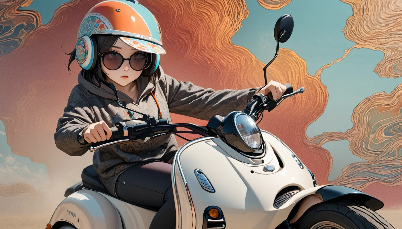 (((8K, Masterpiece, high resolution, highest quality, highest quality real texture skin))), ((wearing Japanese pattern headphones)), (((1 girl))), (((Driving a Vespa))), ((sunglasses)), (Japanese pattern hoodie, super mini shorts), (Black shiny hair, beige skin), ((Japanese patterned helmet)), (surreal, digital painting)