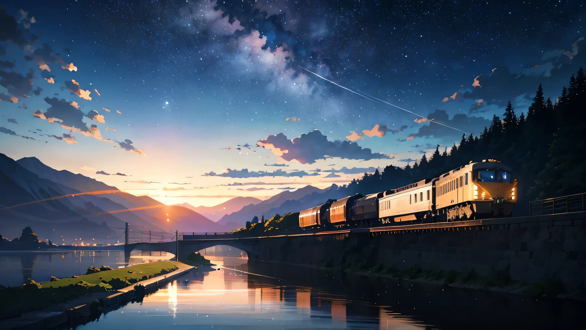 High quality masterpiece ,landscape,Animated train passing through water on the tracks, Starry Sky。Romantic Train,Pixiv,Concept Art,Lofi Artスタイル,Reflective plate。 by Makoto Shinkai, Lofi Art, Beautiful anime scene, Anime landscape, Detailed landscape — width 672, in Makoto Shinkai's Style, Makoto Shinkai's Style,Detail enhancements。