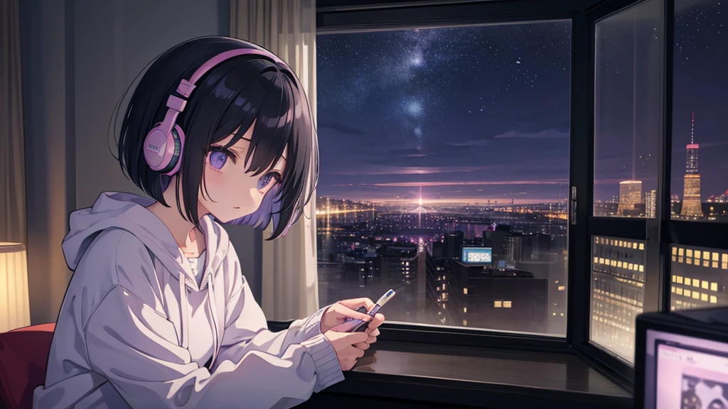 Masterpiece、pastel colour、landscape、alone、Lonely、A cute girl studying alone in her room、Black Hair、Bob Hair、Eyes are purple、Droopy eyes、dream-like、Wearing headphones、Late Night、City night view、Lost in Thought、super high quality、darkness、Beautiful light、Lo-Fi