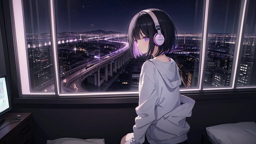 Masterpiece、pastel colour、landscape、alone、Lonely、A cute girl studying alone in her room、Black Hair、Bob Hair、Eyes are purple、Droopy eyes、dream-like、Wearing headphones、Late Night、City night view、Lost in Thought、super high quality、darkness、Beautiful light、Lo-Fi