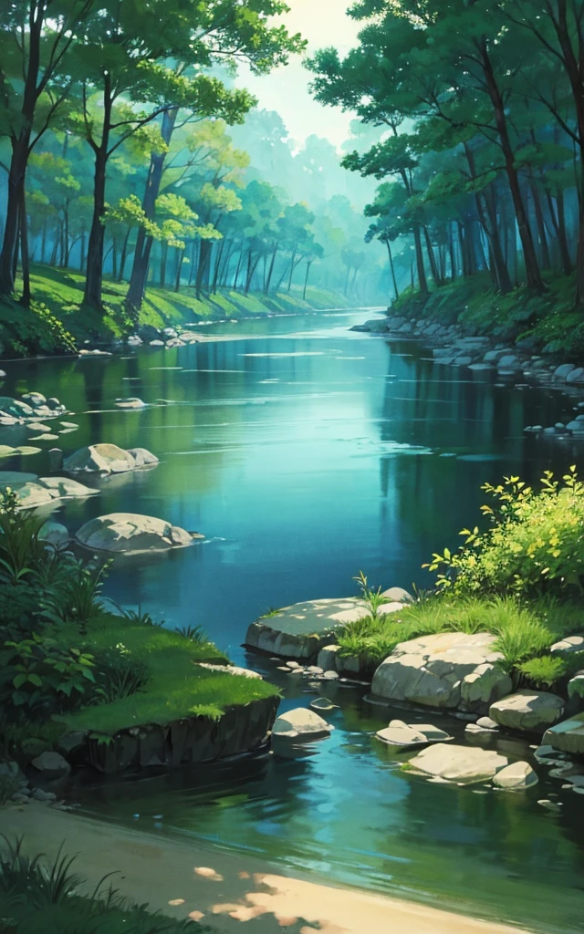 River at night in the middle of the forest. On the shore a little sand. Illustration. anime style