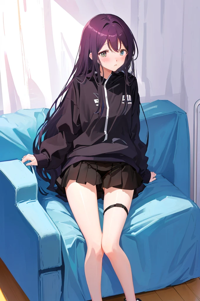 On the sofa、I can see her panties、M-shaped legs、M-shaped legs、M-shaped legs、Crouching、、I can see her panties、Blushing、Feeling embarrassed、、Semi-long hair、