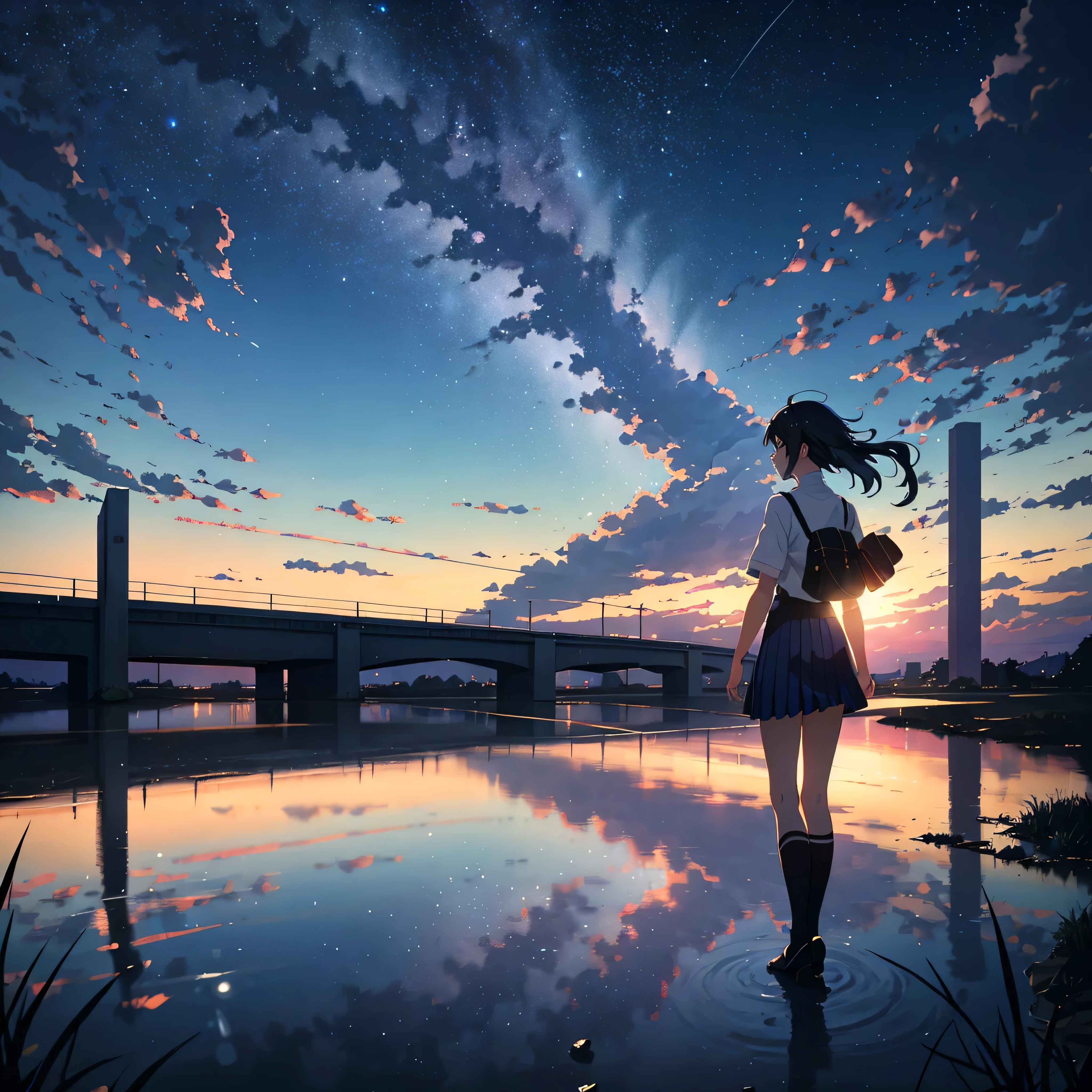 High quality masterpiece ,landscape,Animated train passing through water on the tracks, Starry Sky。Romantic Train,Pixiv,Concept Art,Lofi Artスタイル,Reflective plate。 by Makoto Shinkai, Lofi Art, Beautiful anime scene, Anime landscape, Detailed landscape — width 672, in Makoto Shinkai's Style, Makoto Shinkai's Style,Detail enhancements。