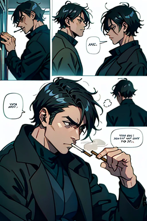Guy with short black hair smoking and depressed, manga page with panels and dialogue