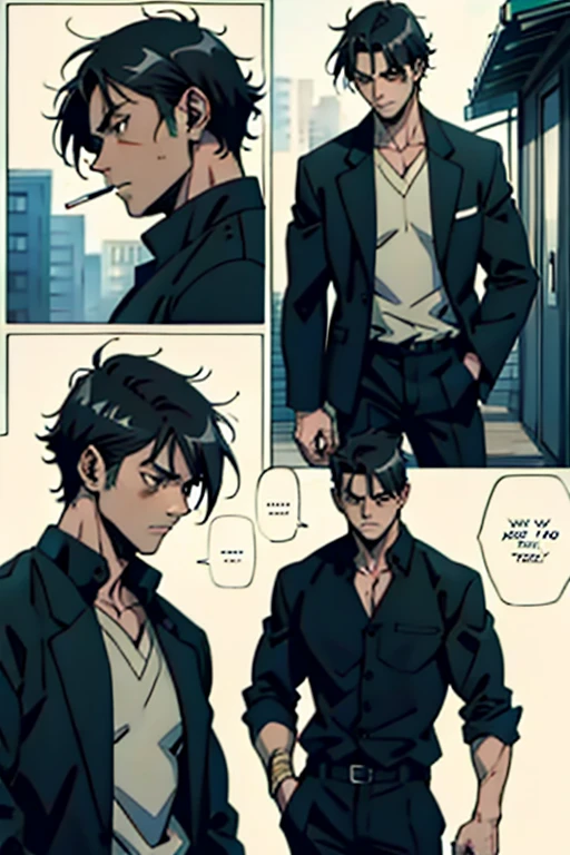  Guy with short black hair smoking and depressed, manga page with panels and dialogue    