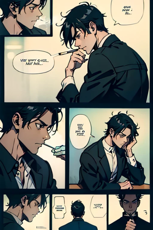 Guy with short black hair smoking and depressed, manga page with panels and dialogue