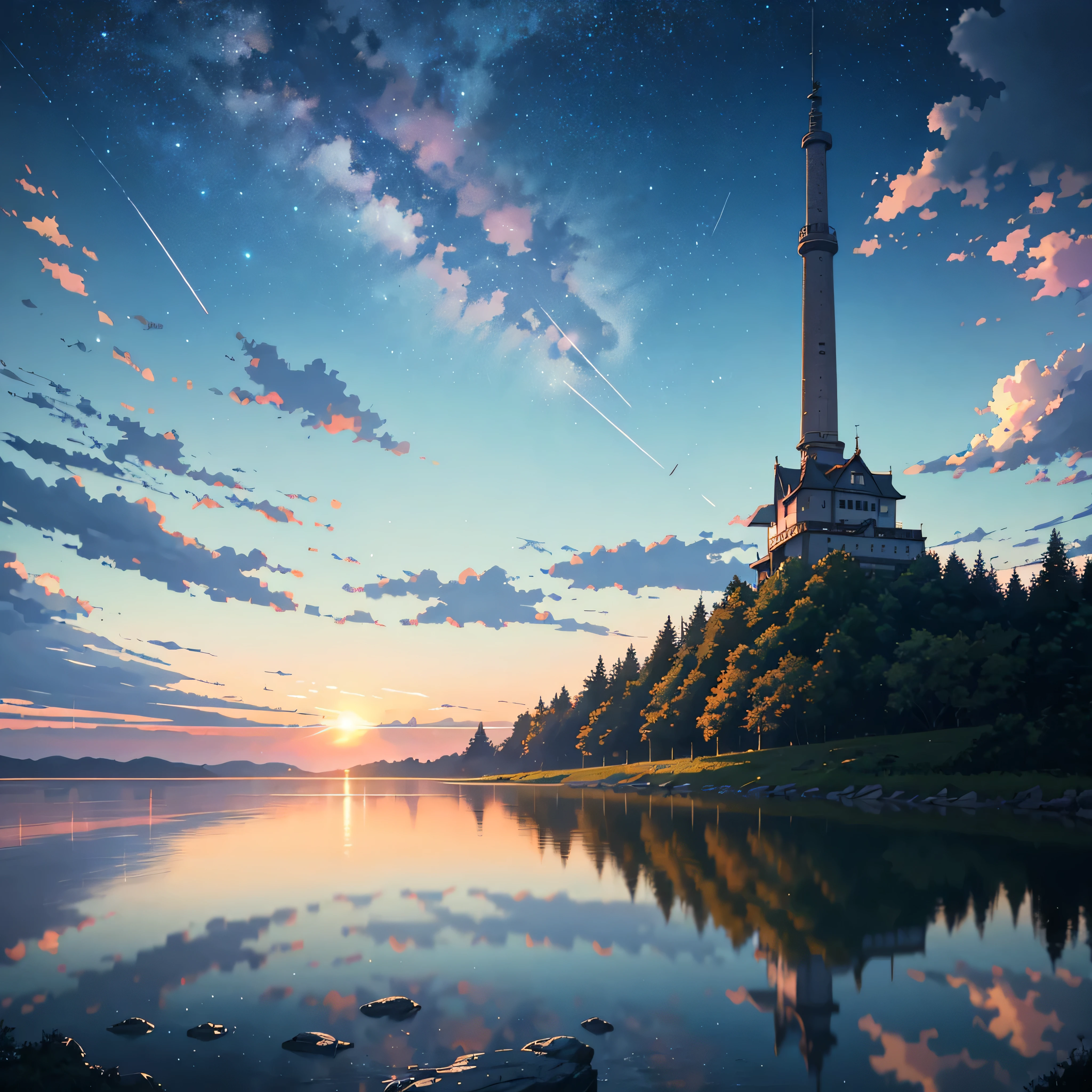 High quality masterpiece ,landscape,Animated train passing through water on the tracks, Starry Sky。Romantic Train,Pixiv,Concept Art,Lofi Artスタイル,Reflective plate。 by Makoto Shinkai, Lofi Art, Beautiful anime scene, Anime landscape, Detailed landscape — width 672, in Makoto Shinkai's Style, Makoto Shinkai's Style,Detail enhancements。