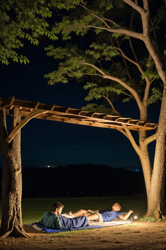 It is night time and two boys are sleeping under a tree