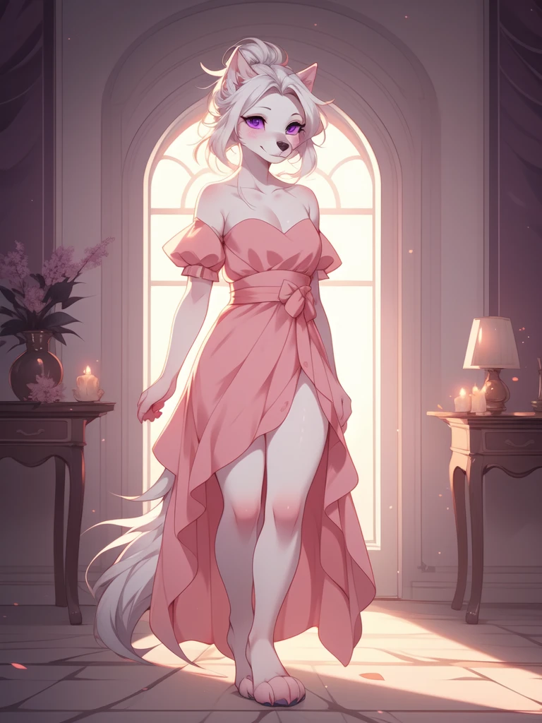 solo:1.2, white wolf girl, detailed purple eyes, white hair in a bun, snout, black nose, wearing a pink dress, leg slit, barefoot, feet paws, four toes, standing in a fancy mansion, by fumiko, by hyattlen,
